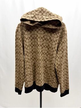 Coach New York Signature Monogram Logo Hoodie Tan Brown Size Large